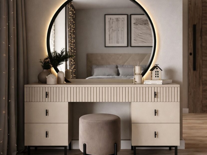 Minimalist Ribbed Vanity with LED Round Mirror & Ottoman
