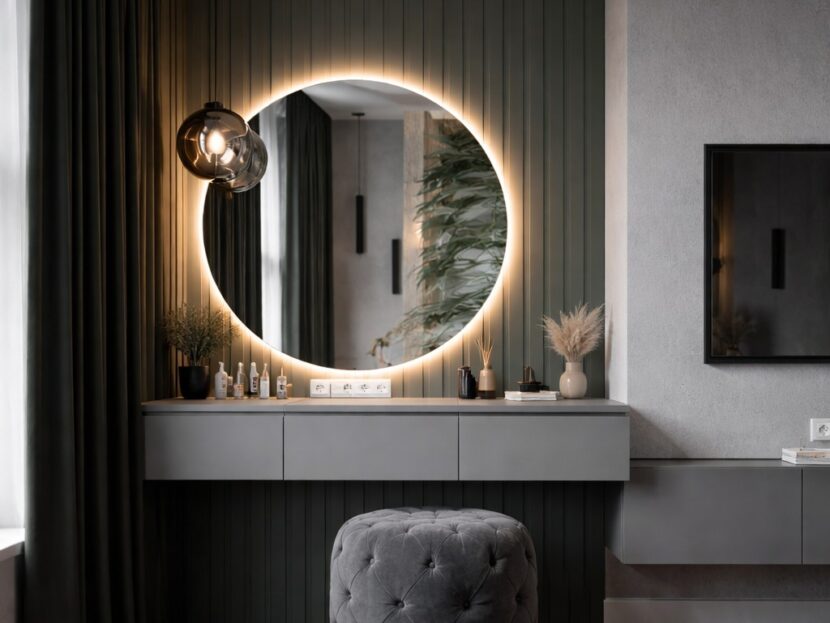 Modern Floating Vanity with LED Round Mirror & Tufted Ottoman