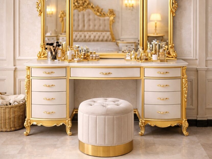 Royal Gold Carved Dressing Table with Triple Mirror & Ottoman