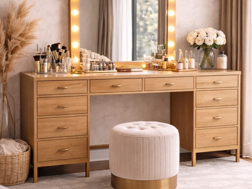 Wooden Vanity Dressing Table with LED Arch Mirror & Ottoman