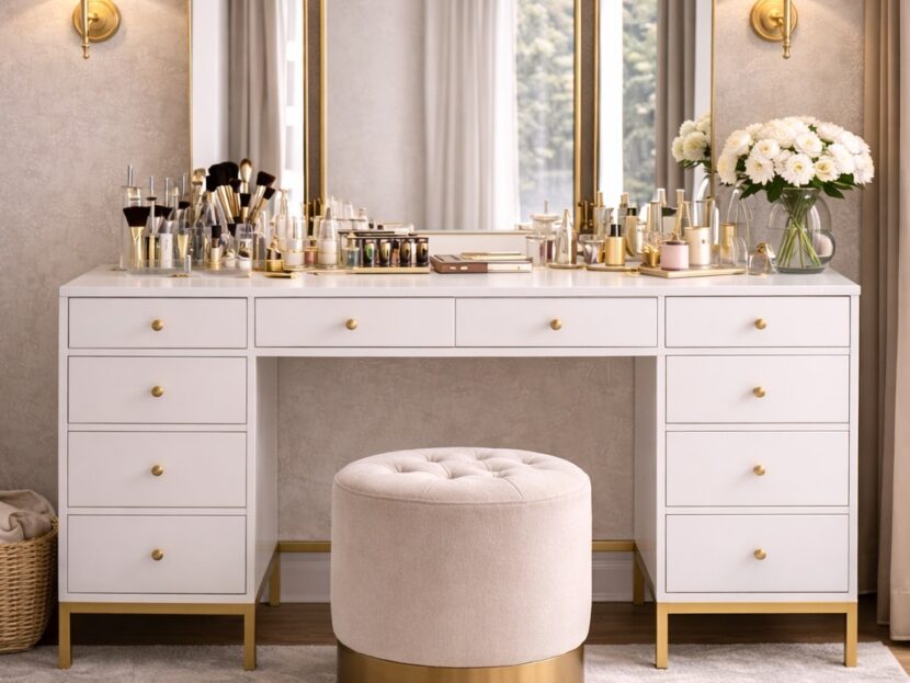 Luxury Dressing Table with Triple Mirror & Ottoman