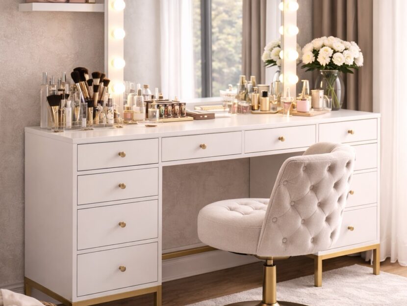 Luxury Makeup Vanity Table with Lighted Mirror & Chair