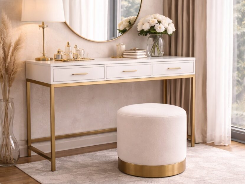 Luxury Vanity Table with Round Mirror & Ottoman
